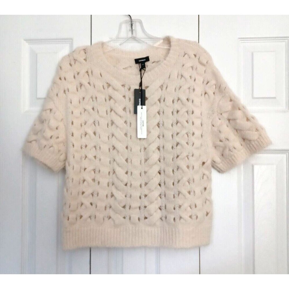 NWT Express Open Stitch Cable Knit Crew Neck Short Sleeve Sweater Women Size S - Picture 2 of 11